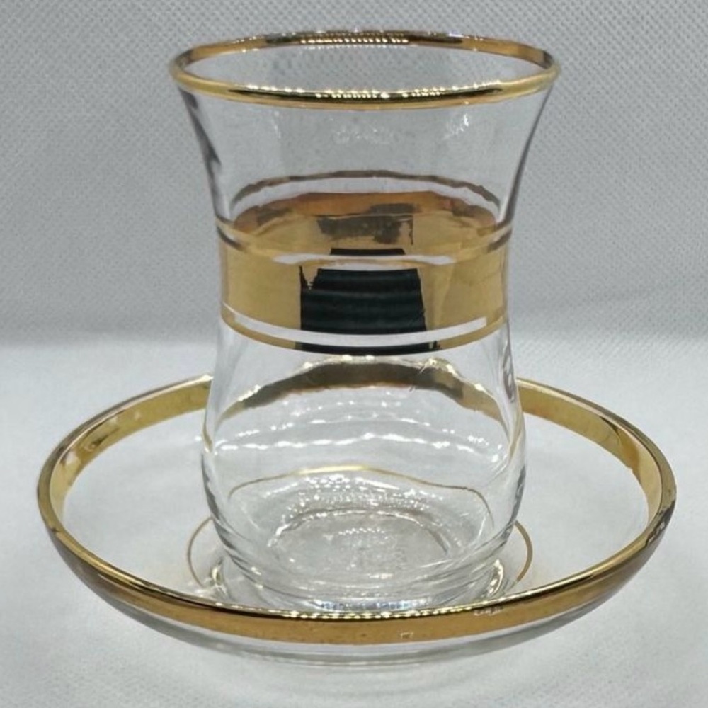 Turkish Glass Tea Cup & Saucer With Gold Trim